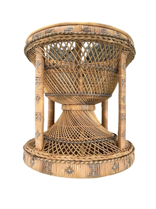 Vintage Emmanuelle Rattan Side Table Wicker Stool Peacock Ottoman Rare 1970s gallery