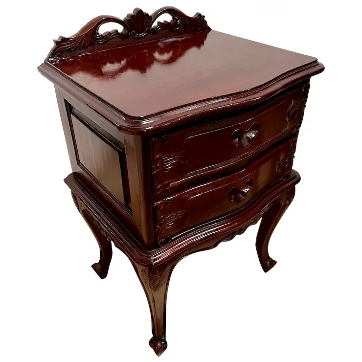 Vintage Table Nightstand Two Dovetail Drawers French country Carved Mahogany