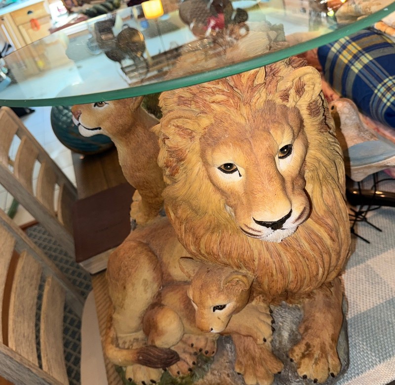 Lion & Cubs 2001 Domestications Glass Top End Table Stand Resin”RARE “ gallery