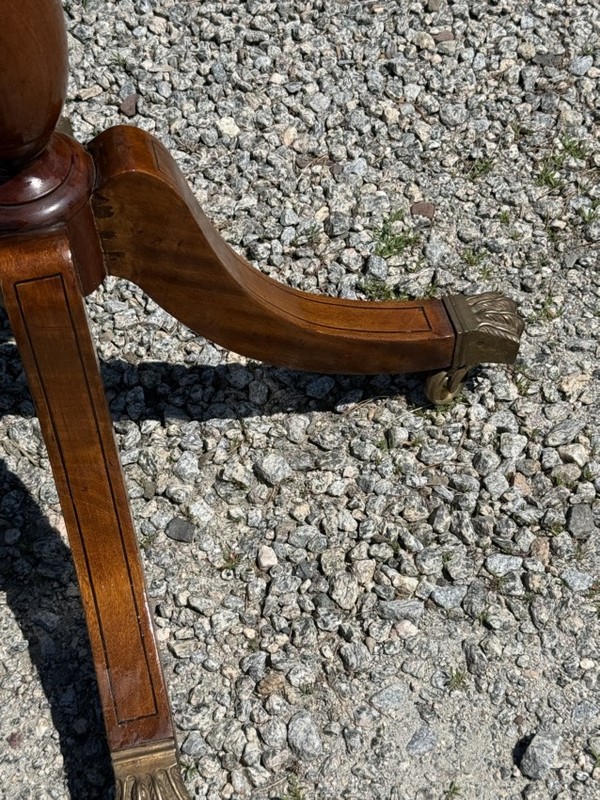 English Regency tilt top oval breakfast dining table Book matched burl walnut gallery