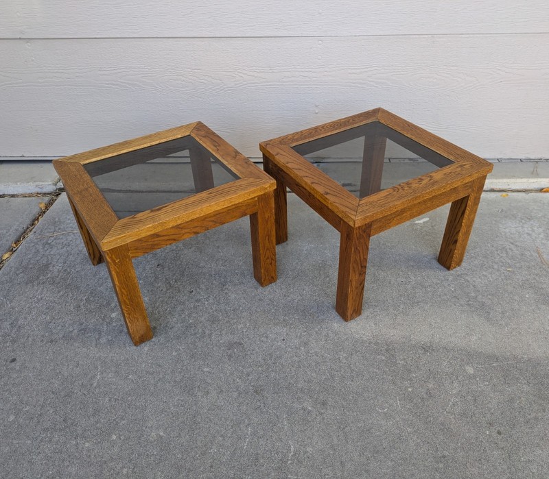 PAIR of Vintage Mid Century Modern Rustic Mission Solid Oak Wood Side Table A36 gallery
