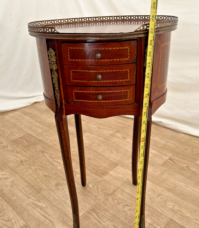 Oval accent Table Nightstand Three Drawers, Inlays, Brass Accents French style gallery