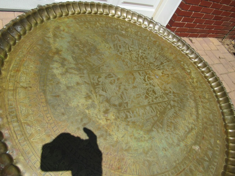 Vintage Mid Century Round Brass Egyptian Motif Folding Platter Moroccan Table gallery