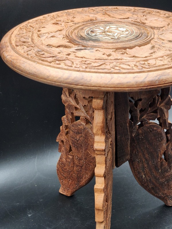 Anglo-Indian Carved Wood Inlaid "Wine" Table w/ Folding Base gallery