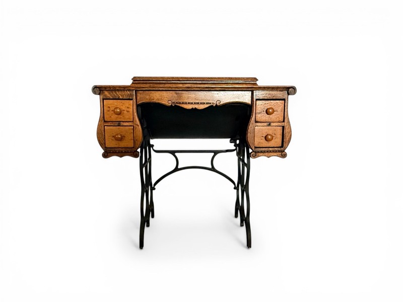 Antique Oak Storage Table with Foldout Top, Inside Compartment and 5 Drawers gallery