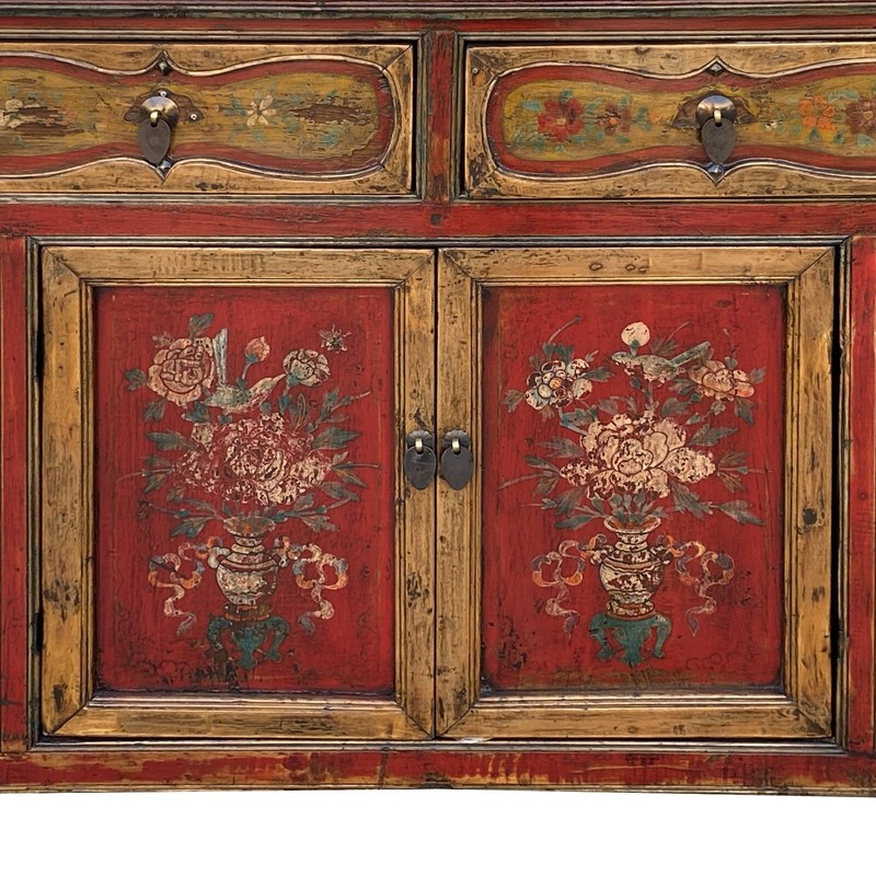 Chinese Distressed Mustard Yellow Red Flower Sideboard Credenza Cabinet cs7742 gallery