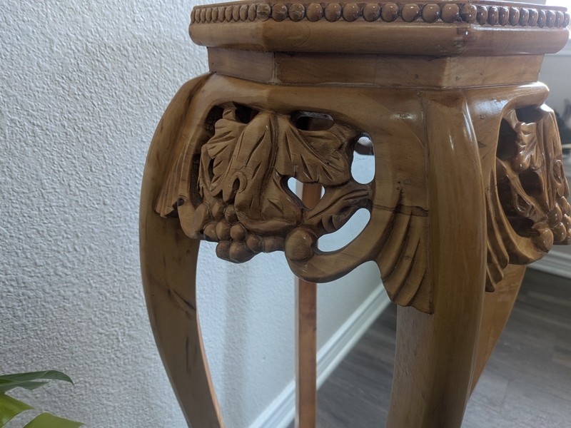 vintage Chinese carved solid wood tall pedestal stand table with a marble top gallery