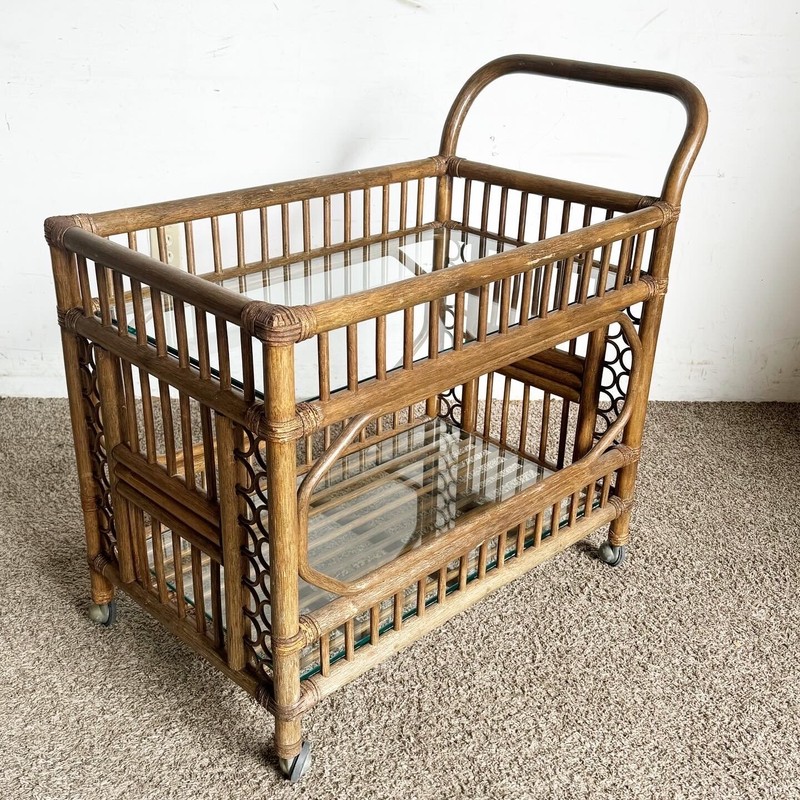 Boho Chic Bamboo Rattan and Glass Two-Tier Bar Cart
