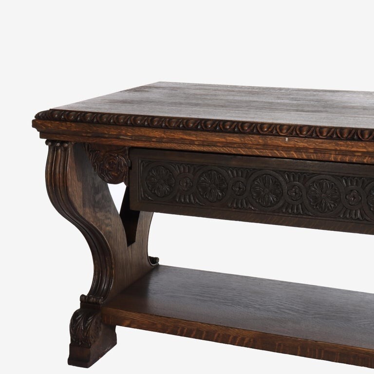 Antique Arts & Crafts Carved Oak Trestle Library Table C1910 gallery