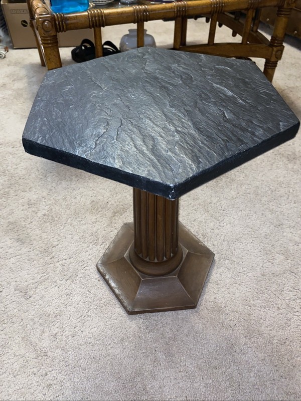 MCM Vintage Italian Black Marble Top Round End Table On Engraved Wood Stand gallery