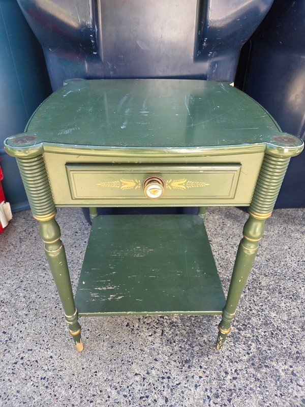 L. Hitchcock Single Drawer End Side Work Table Dark Green Stenciled Green SEE