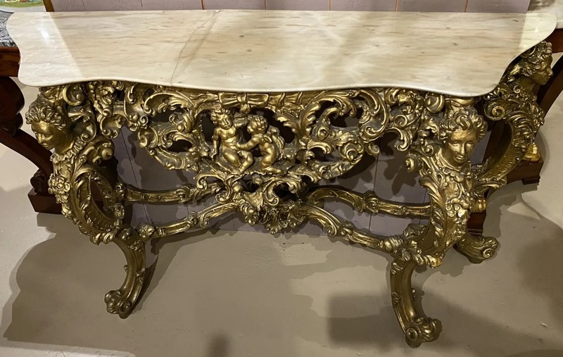 Louis XV Style Marble Top Carved Giltwood Console, Cherub & Figural Decorations gallery