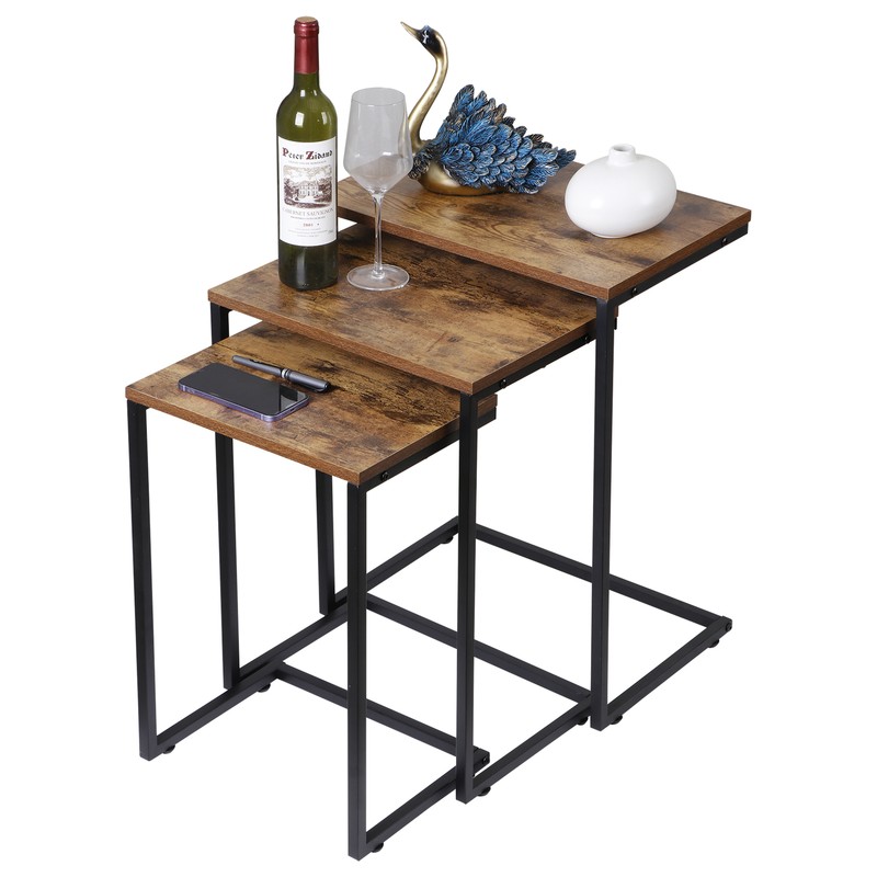 Stackable End Table Brown C-shaped Coffee Nesting Table Set of 3 w/Metal Frame gallery