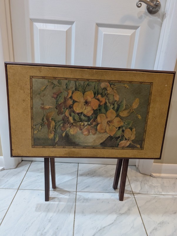 VINTAGE folding Wood table RARE Flower Design Top Early Americana