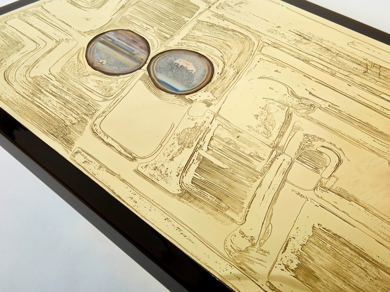 Christian Krekels signed Belgian Etched brass Agate Coffee Table 1979 gallery