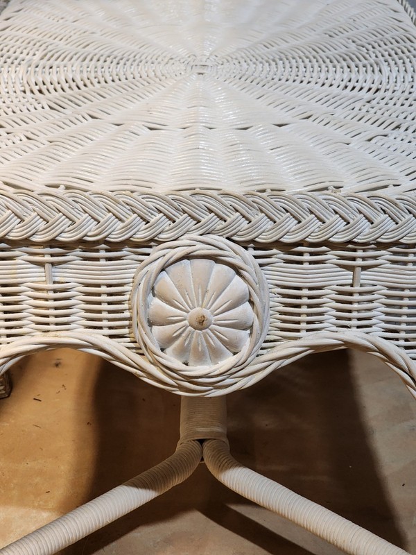 Vtg RARE Wicker Coffee Table Radial Top Floral Medallions Scalloped Details Boho gallery