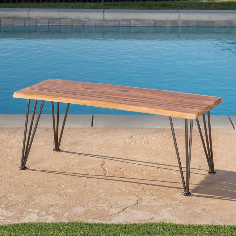Outdoor Coffee Table Acacia Wood Teak Finish Iron Legs For Patio Yard Decor NEW gallery