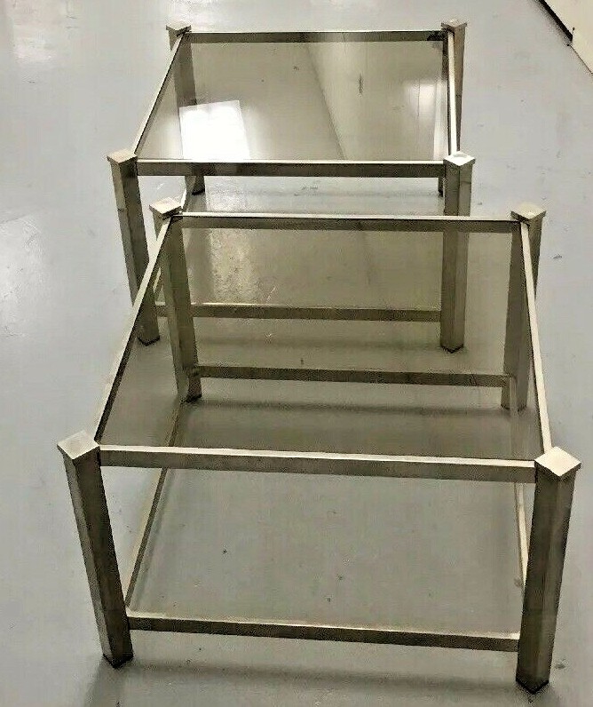 MID CENTURY MODERN HOLLYWOOD REGENCY LOW TABLES STAINLESS & GLASS PAIR