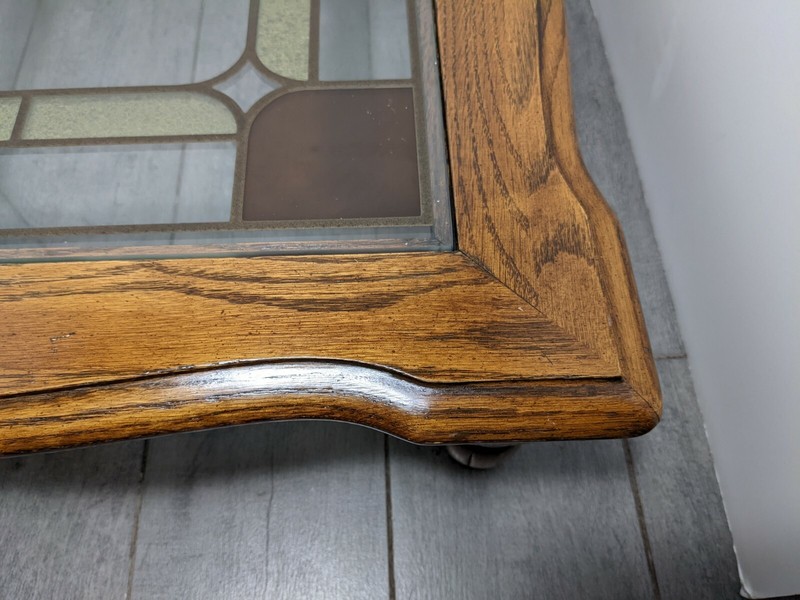 Vintage Rustic Short Oak Wood Stained Glass Table Plant Stand French Boho Chic gallery
