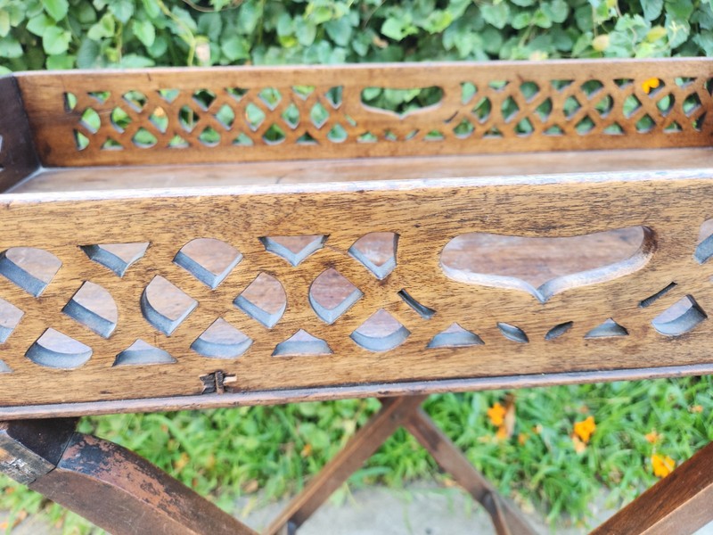 Vintage Wooden Butler Tray Table Folding Stand Pierced Gallery Brass Corners gallery