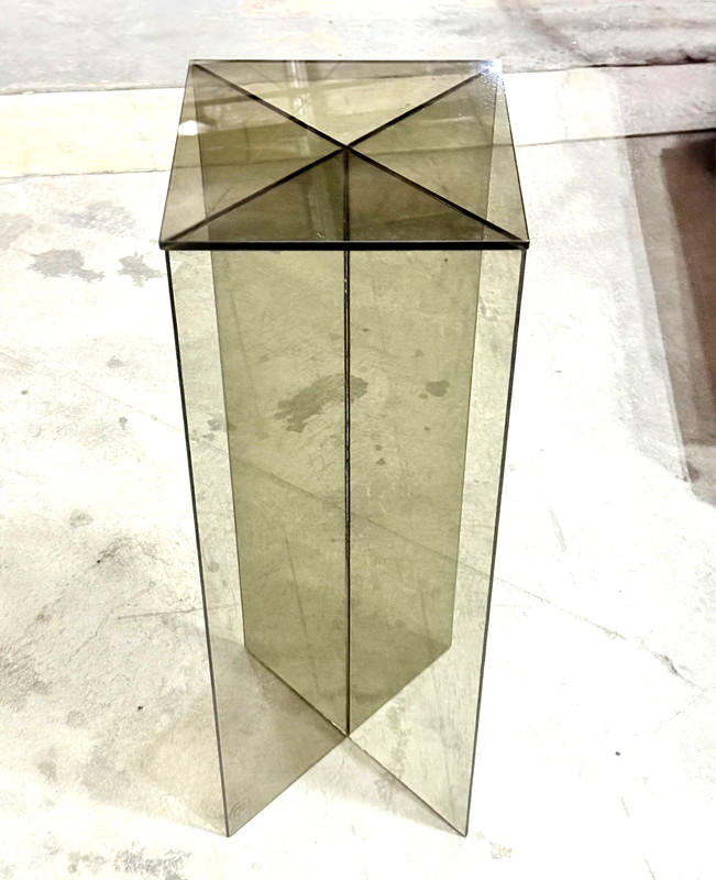 MCM Postmodern Smoked Glass 37″ Crossed Pedestal Table Paul Mayen Style 1970s