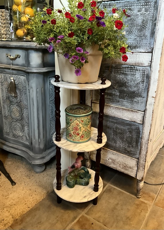 Italian Three Tiered White Carrara Marble and Mahogany Etagere/Plant Stand