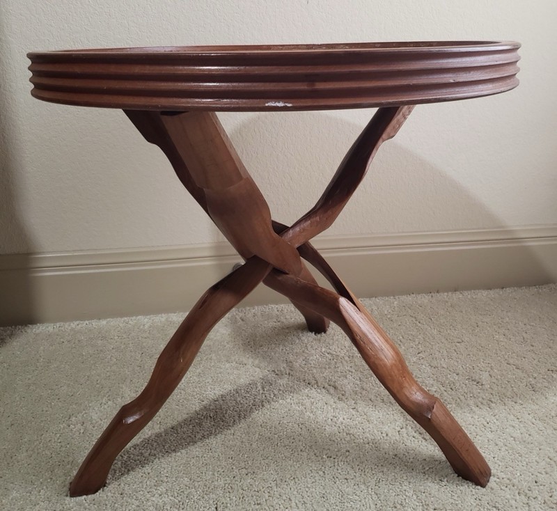 Vintage Asian Oriental Wood Carved Dragon Side Table w Folding Legs 19 Inch Tall gallery