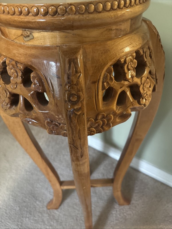 Mid Century Chinoiserie Carved Wood Marble Top Plant Stand Pedestal Table gallery