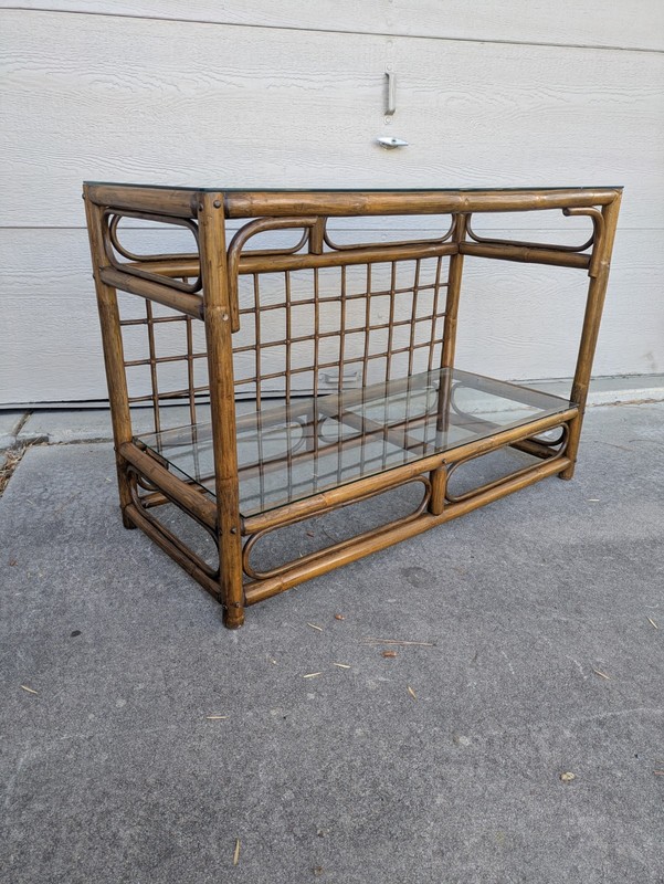 Vintage Mid Century Modern Boho Chic Bamboo Rattan 2-Tier Glass Console Table gallery