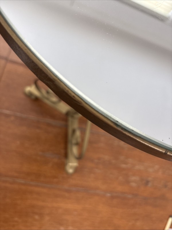 Vintage Wrought Iron Gold Base/mirror Top Accent Table. 22.75”H x 16.5 Diameter gallery