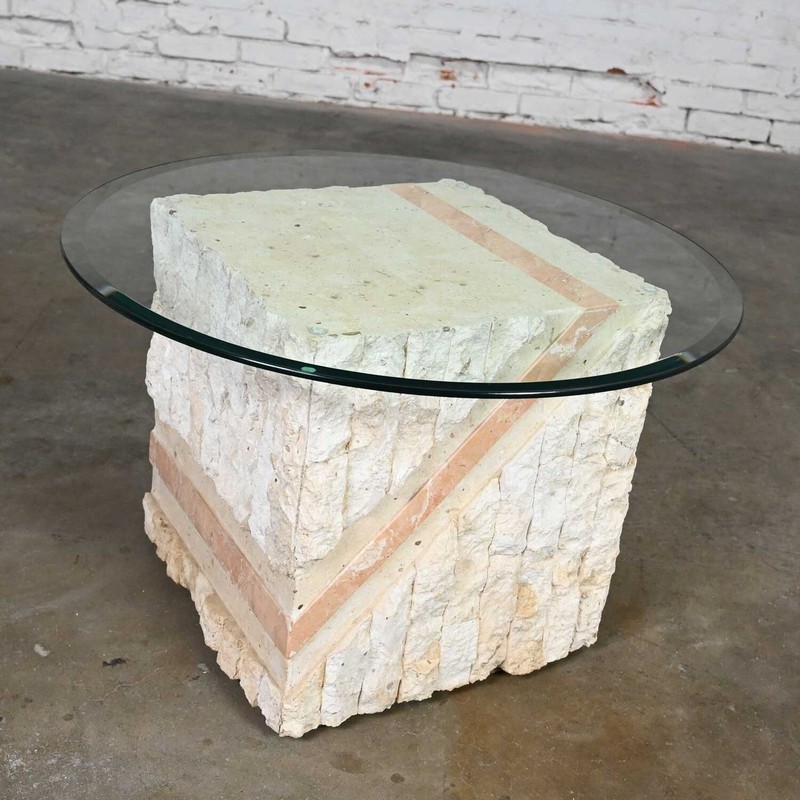 Modern Tessellated Mactan Stone Sqr End Table Peach Stripe Style Maitland Smith