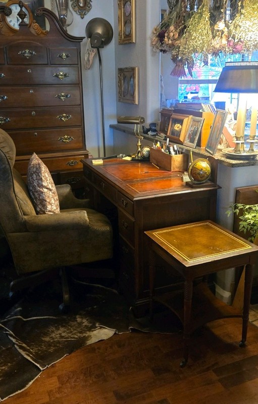1940s Regency Side Table Leather Top Walnut Wood Tiered Wheels SHOP CLOSE!! gallery