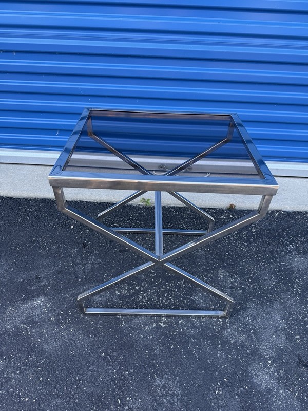 Vintage Mid Century Modern Chrome Side Table Smoked Glass Z-Base End Table 70s gallery