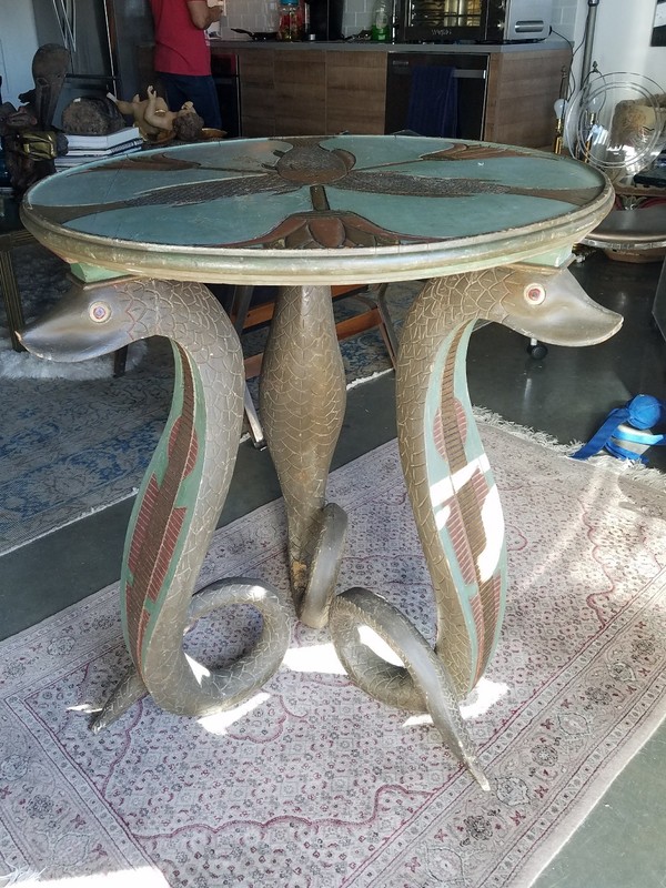AMAZING ANTIQUE CARVED BLACK FOREST GERMAN PAINTED WOOD SERPENT / SNAKE TABLE