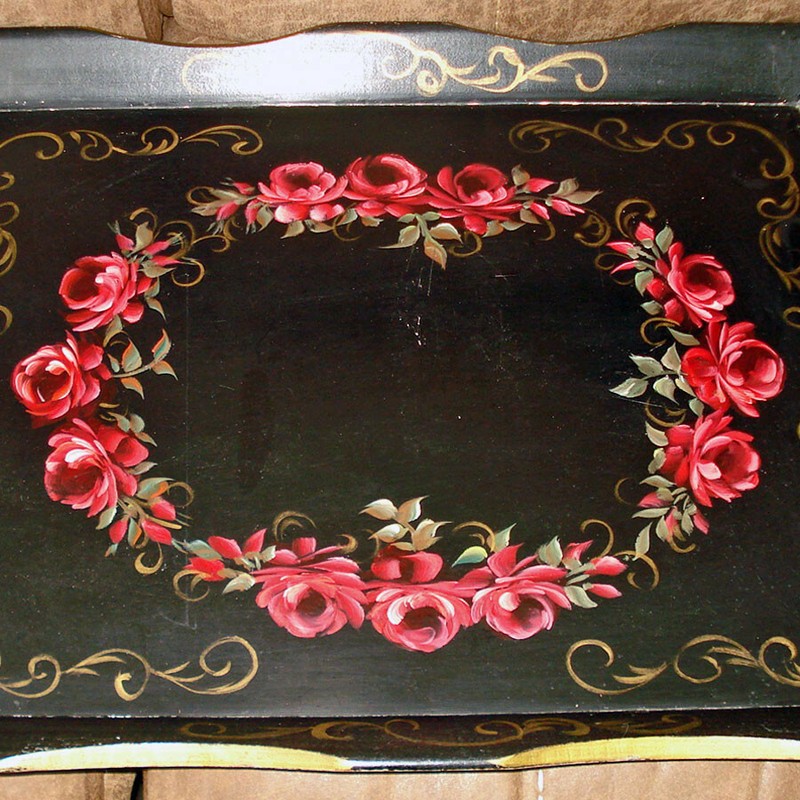 Red Roses 1940s Wooden Tole Tray Table gallery