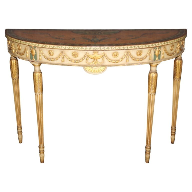 Spectacular Adams Paint Decorated Demilune Console Table with Puttis Cherubs
