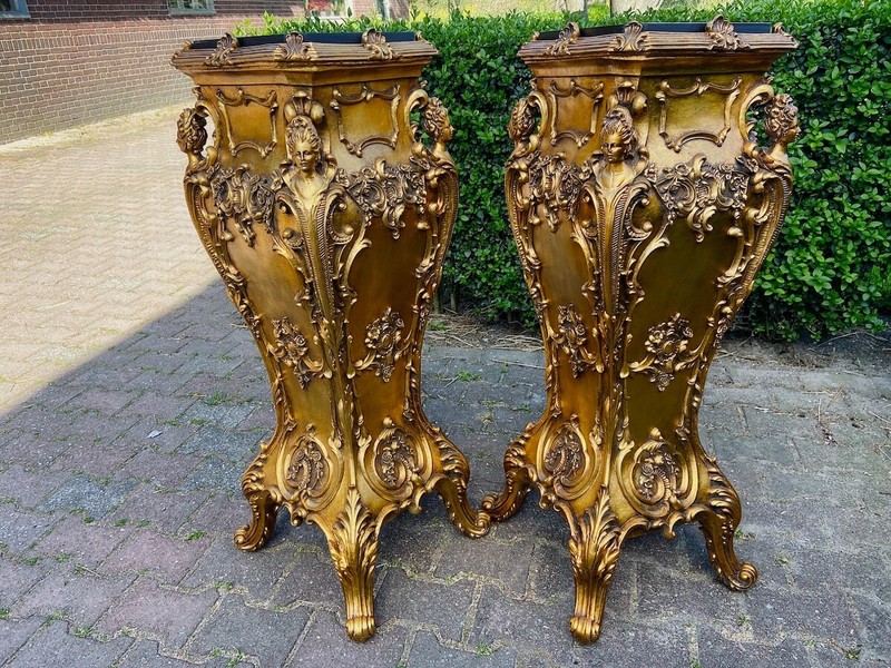 Pedestals Pair Italian Baroque Gold Finish Ornate Display Columns Vintage Decor gallery