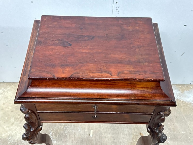antique rosewood sewing work table rococo victorian carved birdseye interior gallery