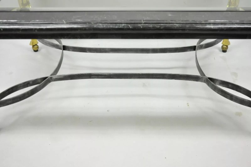 Italian Regency Style Brass Lion Marble Inlay Glass Top Steel Coffee Table gallery