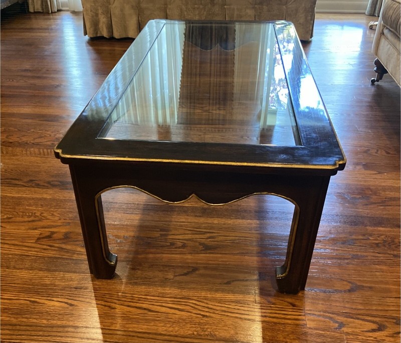 Vintage Hollywood Regency Chinoiserie Black And Gilt Rectangular Glass Top Coffe gallery