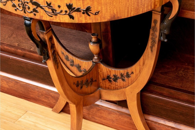 Neoclassical Swan Head Figured Maple Demilune Console Table gallery