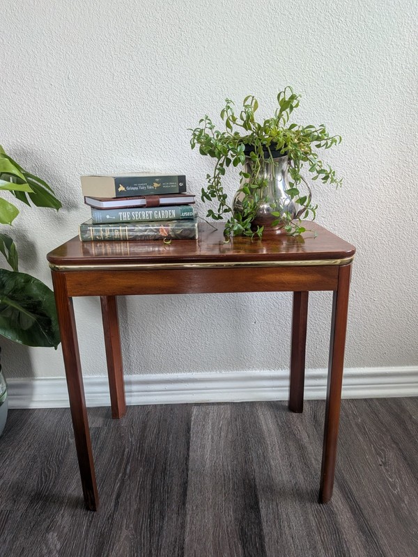 Mid-Century Modern Burr Walnut Side Table | Brass Trim | Vintage 1950s | Accent gallery