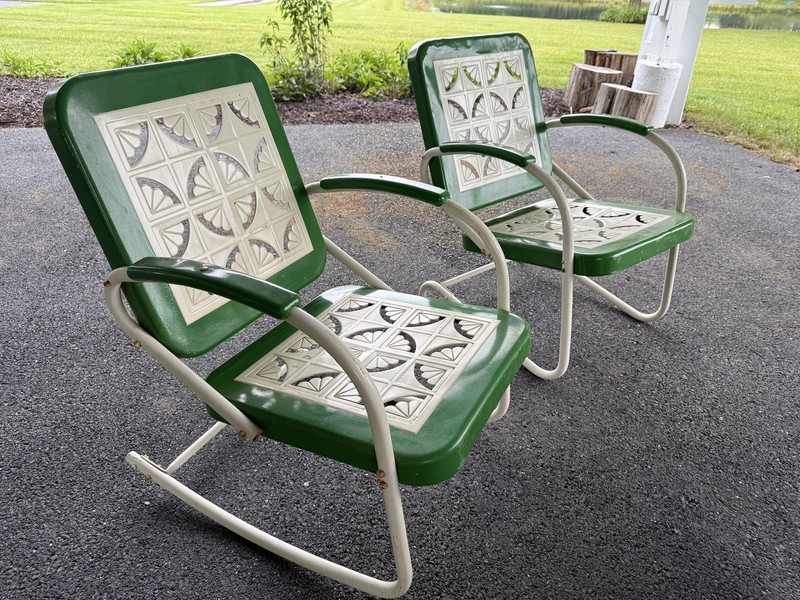 Vintage Metal Glider & Three Matching Chairs. Powder Coated In John Deere Green. gallery