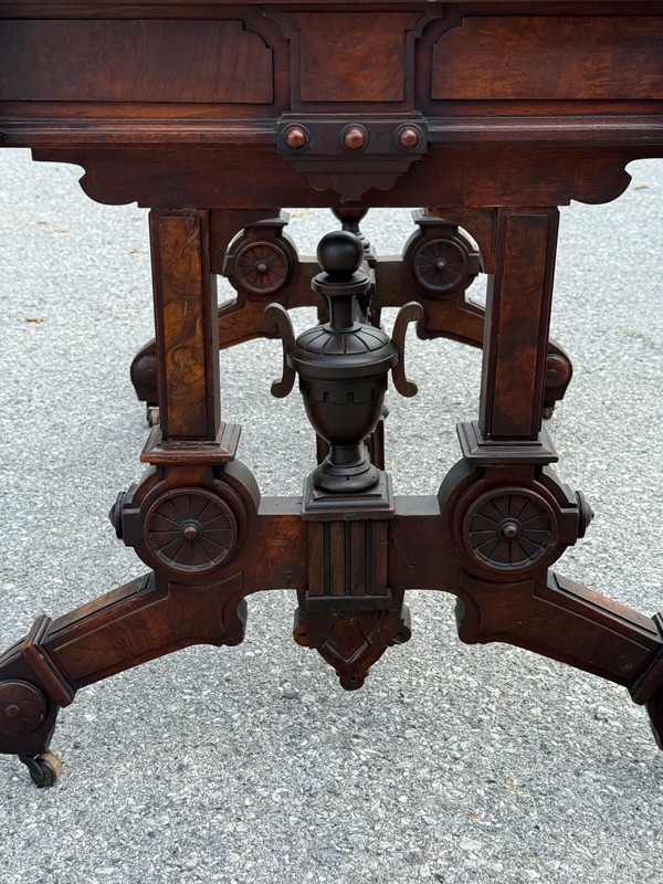Antique heavily carved Victorian walnut marble top center table large parlor gallery