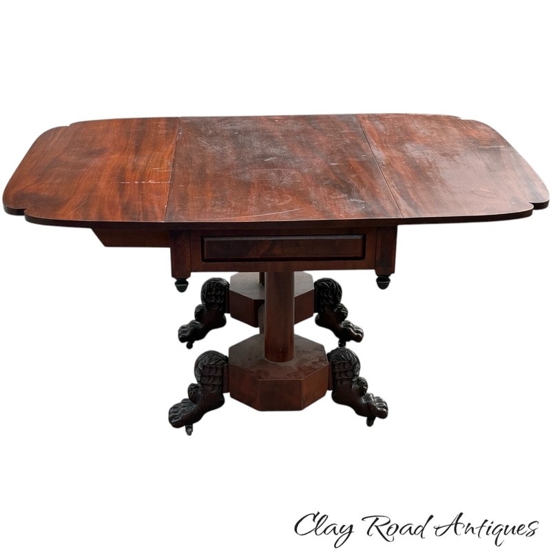 Antique Classical federal mahogany double pedestal paw foot breakfast table 1820 gallery