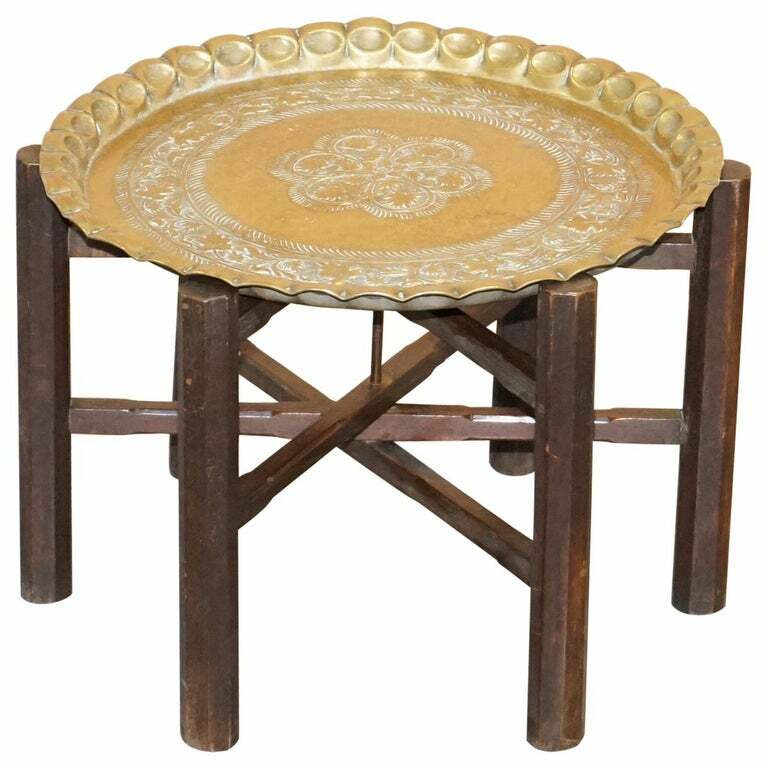 VERY RARE CIRCA 1920-1940 PERSIAN MOROCCAN BRASS TOPPED FOLDING OCCASIONAL TABLE