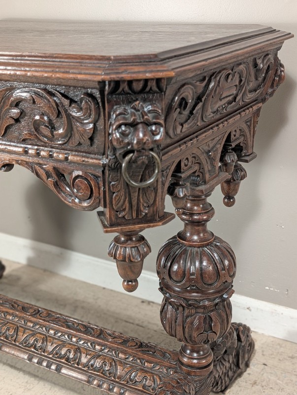 Petite Antique French Renaissance Dolphin Library Table/Desk in Oak Wood gallery