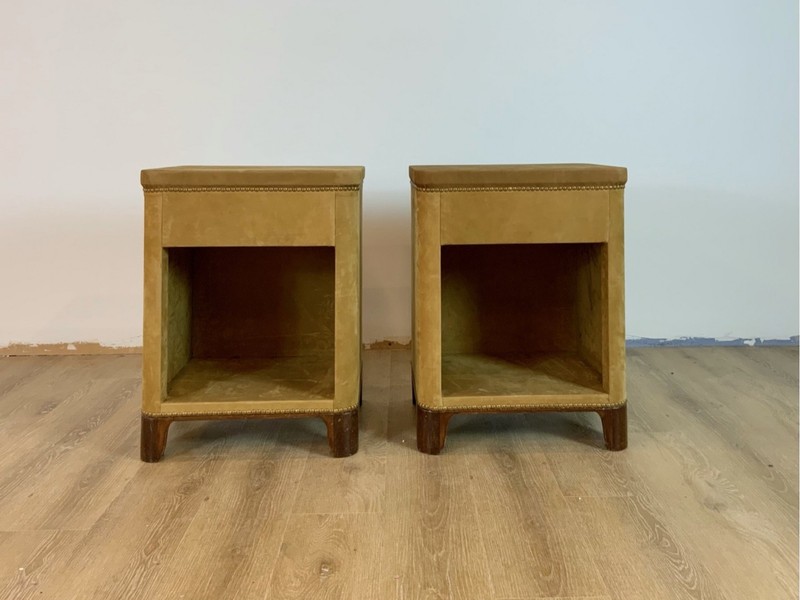 Mid-Century Suede Upholstered Square Side Tables—A Pair