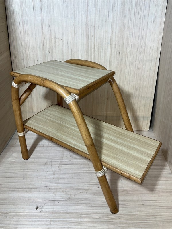 Vintage Bamboo Rattan Side Table Vogue Boho End Table 2 Tier Casual Furniture ￼