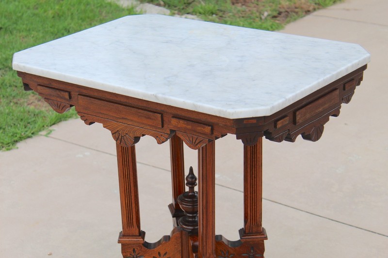 Antique Victorian Eastlake Marble Top Parlor Table | Carved Walnut Side - 1880 gallery